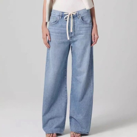 011 - Distressed Loose Denim Pants Drawstring Jeans Light Blue - Picture 1 of 2